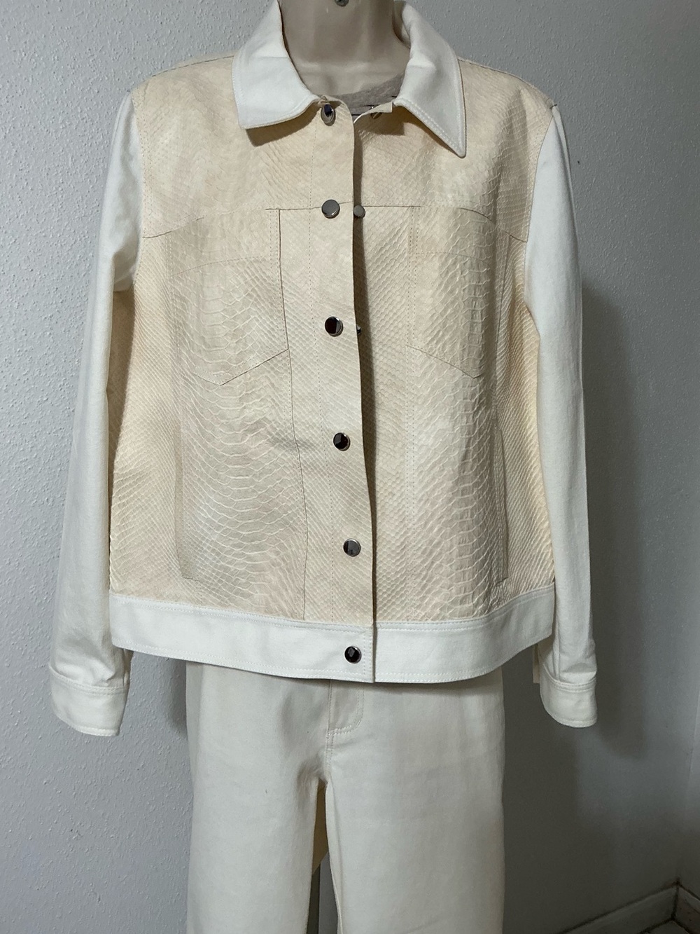 Lafayette 148 NY Leather Snake Print Combo Jacket Cream Size L EUC